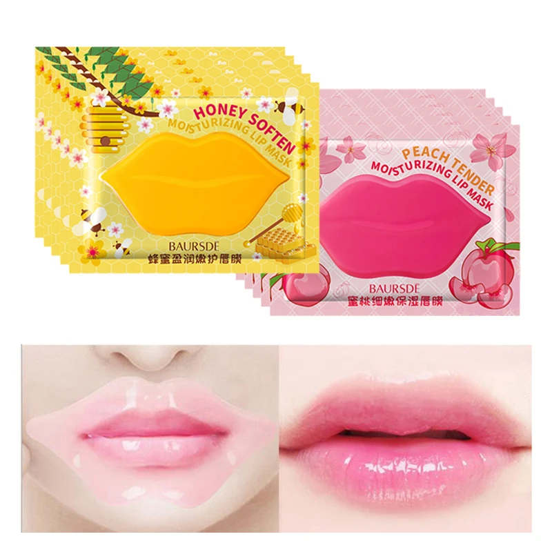 20pcs Crystal Collagen Lip Mask Lips Care Moisturizing Firming Labial Gel Pads Cherry Aloe Honey Lip Patch Lips Plumper