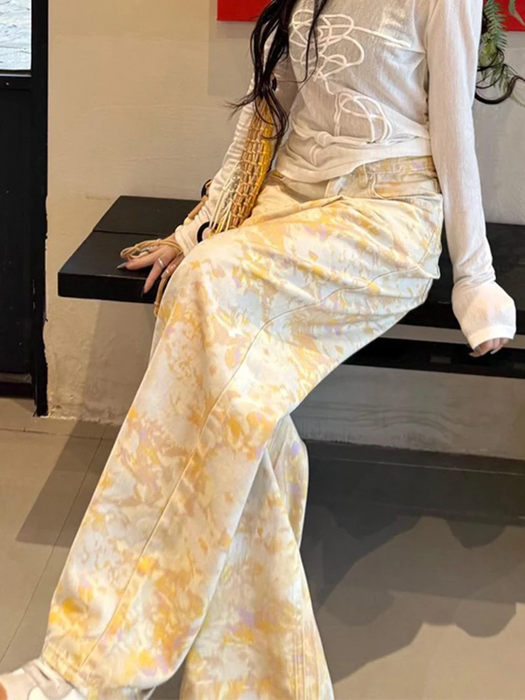 

Y2K Yellow Tie Dye Wide Leg Jeans Vintage Western Style Women High Waisted Pants Spring Summer New Casual Straight Floor