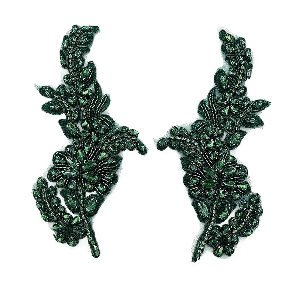 

1 Pair Handmade Flower Rhinestone Applique for Clothes, Crystal Fabric Patches for Wedding Dress, Bling Beaded Embroidery Lac