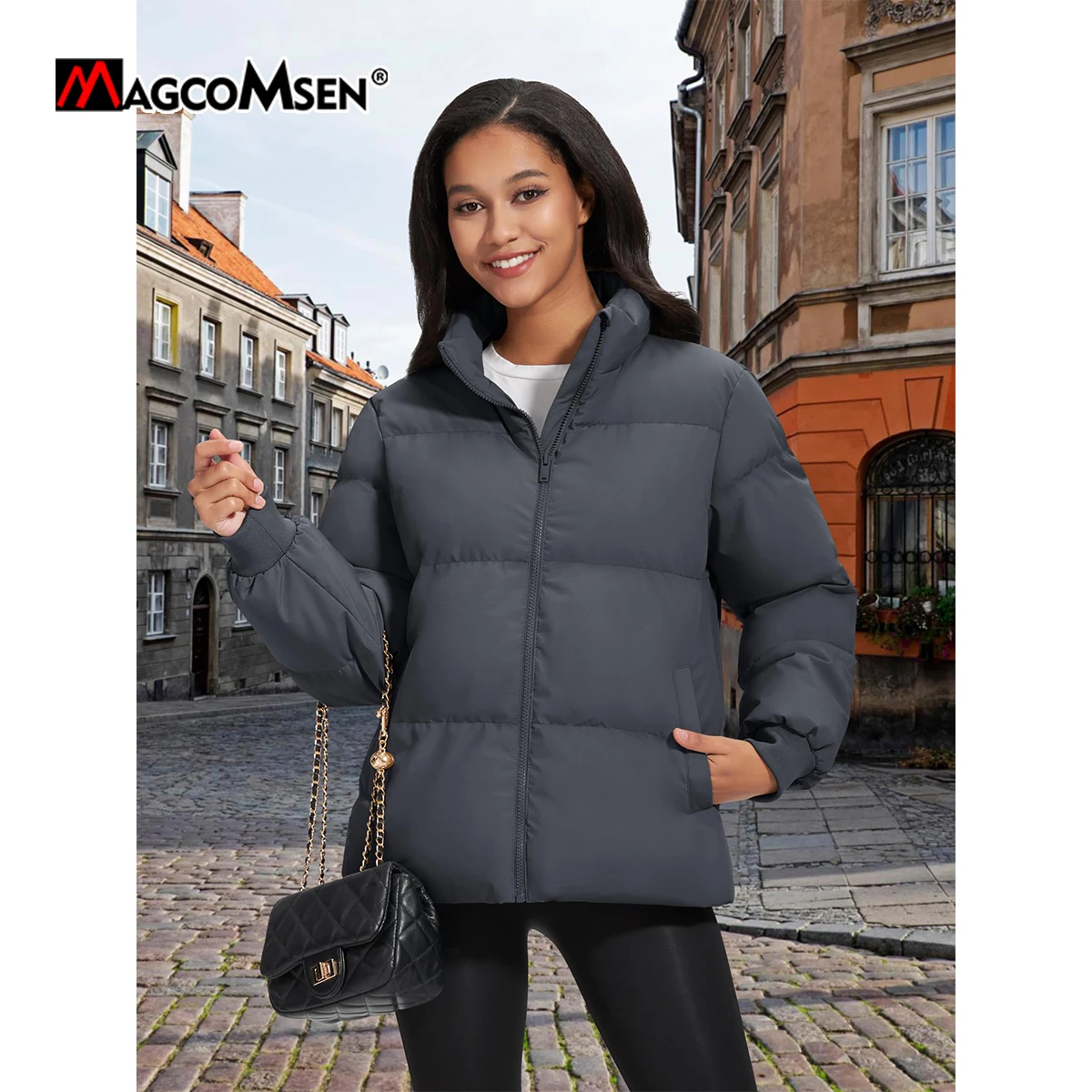 MAGCOMSEN Winter Padded Quilted Down Jacket Womens Stand Collar Zip Up Warm Windproof Puffer Coat Waterproof Snow Parkas Jacket