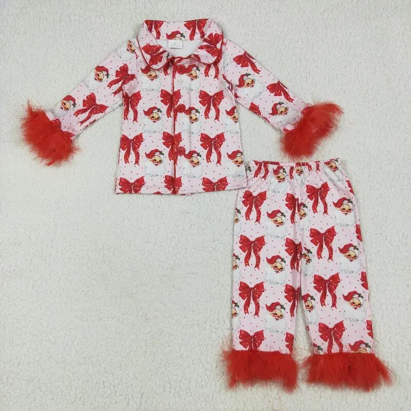 

10.11y High Quality Red Velvet Pajamas Outfits Sweet Style Western Clothe Red Christmas Santa Bows Print Set