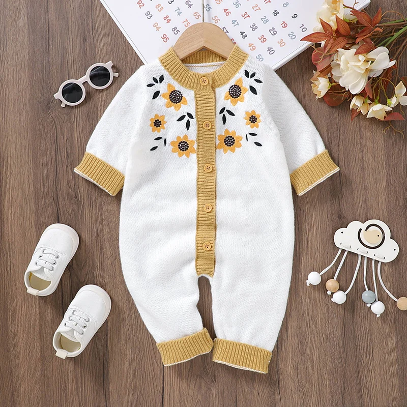 

Newborn Baby Romper Knit Infant Girl Boy Jumpsuit Cute Sunflower Autumn Kid Clothes Child Overalls 0-18M Outfit Warm Long Sleeve