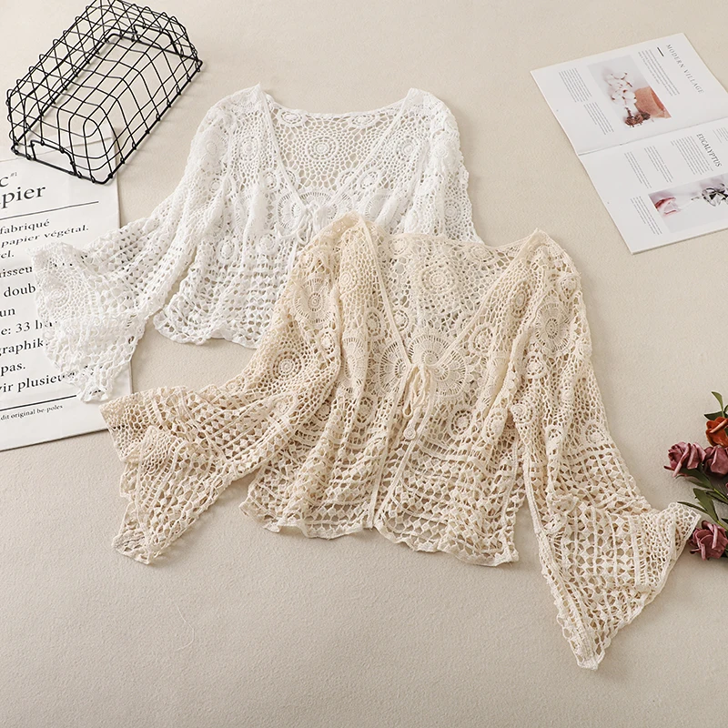 

Women Summer Tie-Front See-Through Knit Crochet Shirt Cardigan Holiday Beach Boho Style Hollow Out Beige White Lace Cover Up Top
