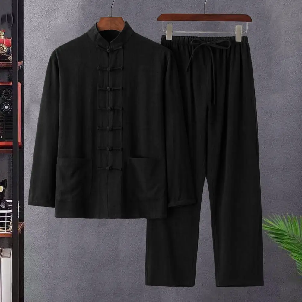 Men Casual Suit Set Chinese Style Men's Two-piece Set with Stand Collar Shirt Disc Buckles Drawstring Pants Casual Long Sleeve