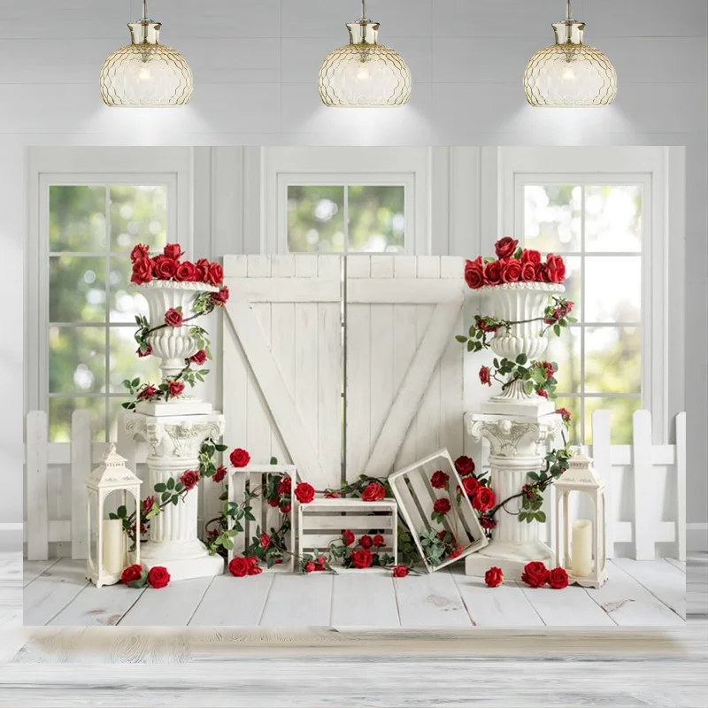 Valentine's Day Photography Backdrop Windows White Wooden Doors Rose Flowers Background Photo Prop Banner