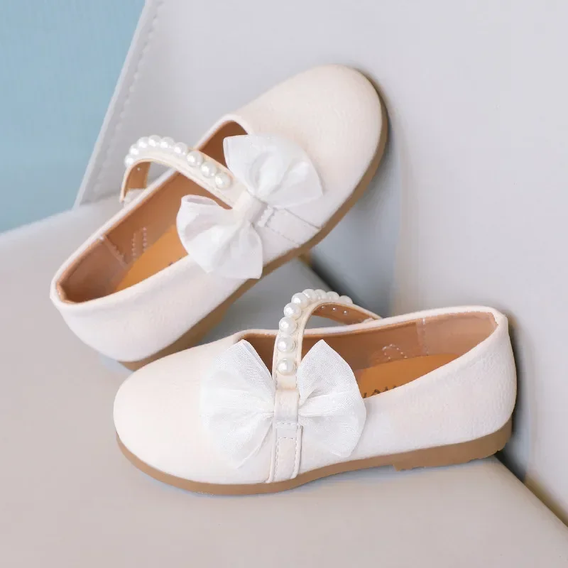 Kids Mary Janes Shoes for Party Wedding Children Elegant Princess Shoes with Bow-knot Girls Pearls Flats Leather Shoes Round-toe