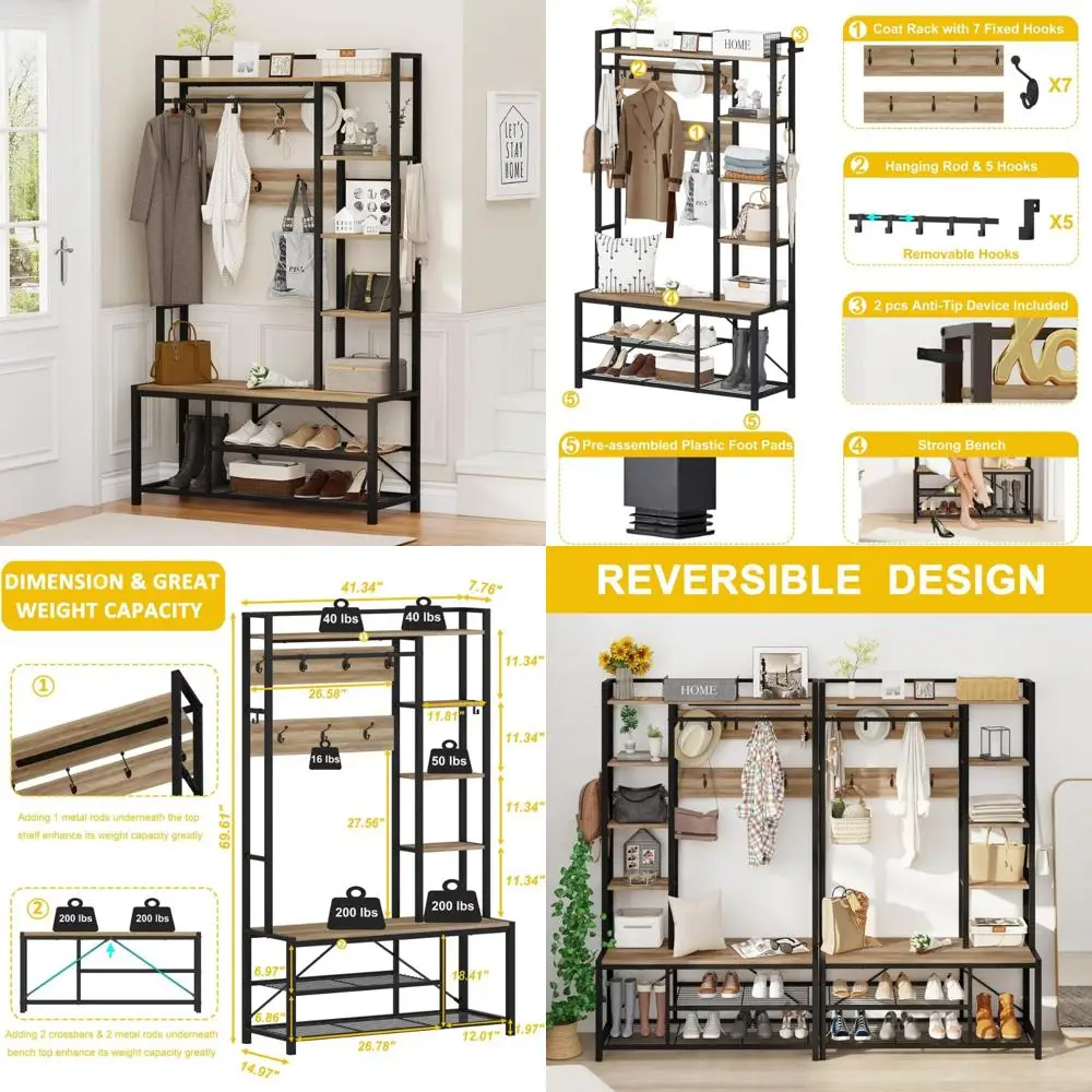 

Farmhouse Style Entryway Bench with Shoe Storage and Coat Rack Featuring 5-Tier Open Shelves