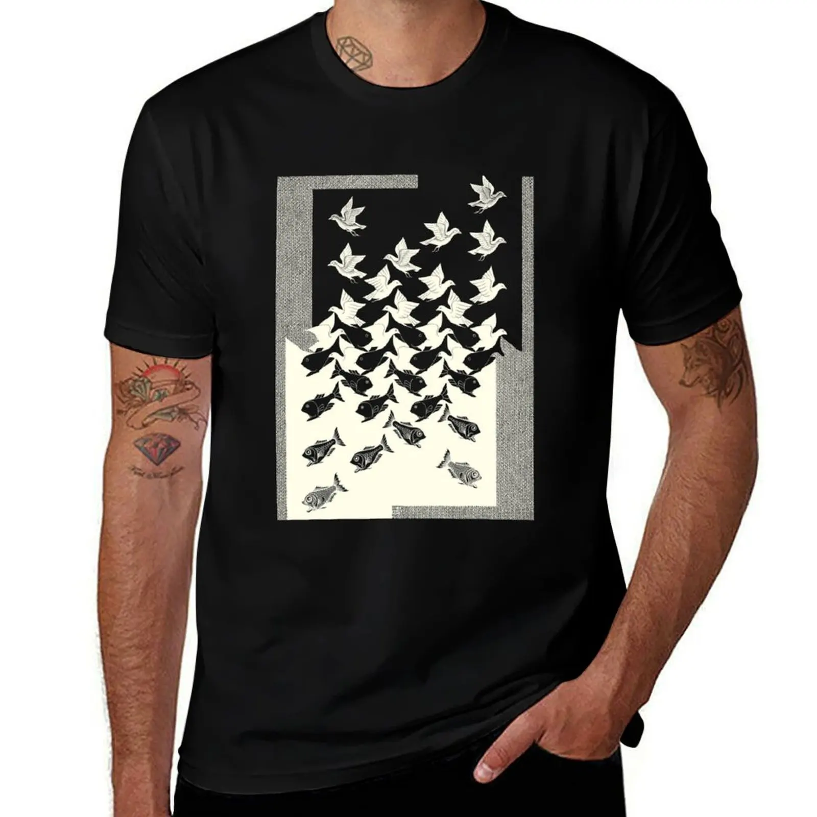 M.C. Escher - Sky And Water II, 1938 [Dark Background] T-Shirt Trendy Print Short Sleeve T-Shirt