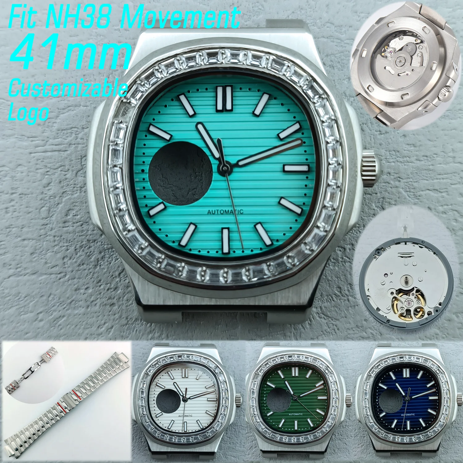 

41mm NH38 Jeweled Case Stainless Steel Case Customizable Logo NH38 Dial Fit NH38 Movement Diving Watch Accessories Watch Parts