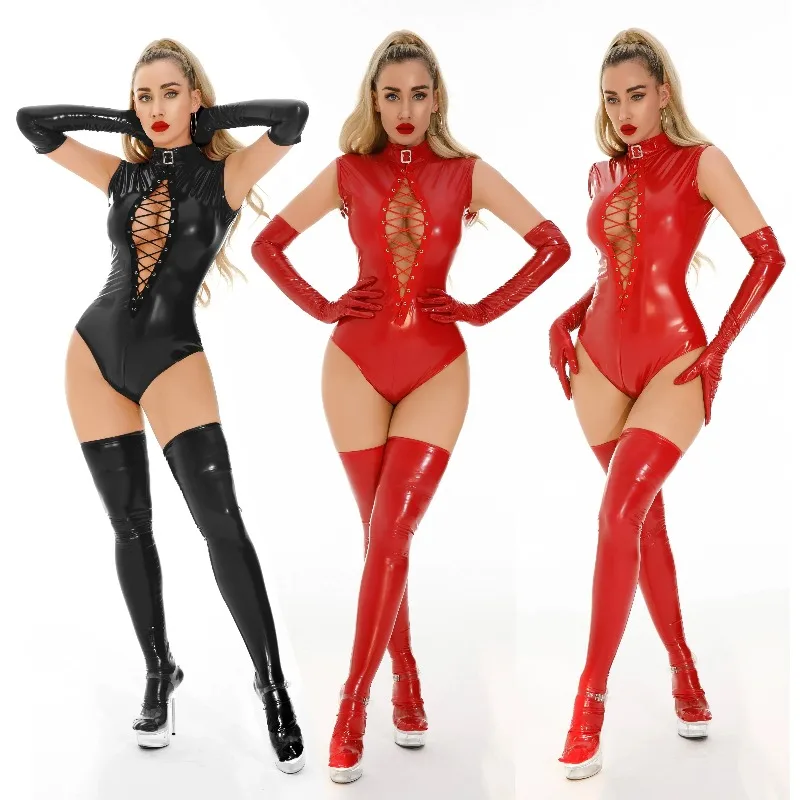 

Sexy Women's Front Lace-Up Jumpsuit PU Latex Straps Drum Suits Glossy Leather Spicy Girls' Suits Extendable Back Thin Jumpsuit