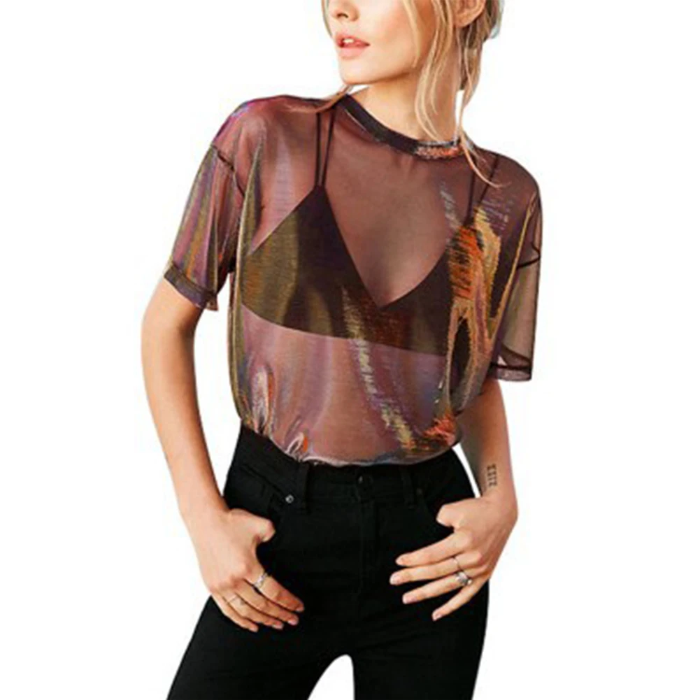 TOP ผู้หญิง SHEER TOP แขนสั้นยืดเล็กน้อยสีทึบเสื้อลําลอง TEE O-คอเสื้อยืดผู้หญิงแขนสั้น