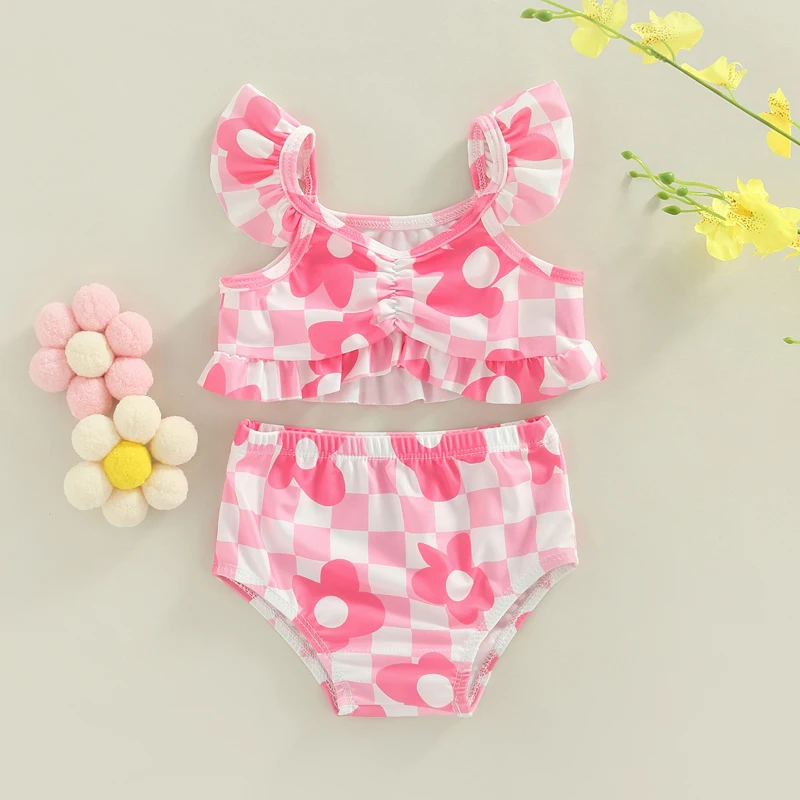 0-3y  Infant Baby Girls Bikini Plaid Flower Fly Sleeve Camisole with Briefs Bathing Swimsuit