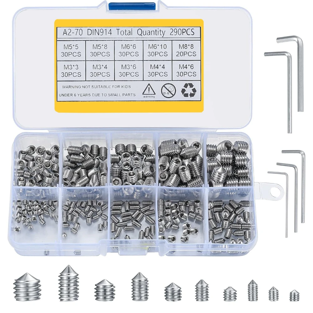 290pcs 304 Stainless Steel Hexagon Socket Screws Headless Stop Set Machine Screws with 5 Wrench Pointed Head Machine Rice Screw