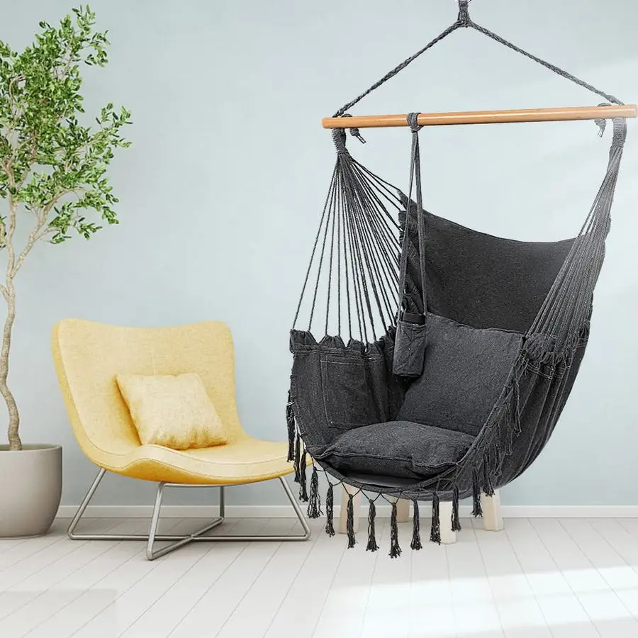

XXL Hammock Chair Macrame Hanging Rope Swing Seat w Side Pocket, Includes Drink Holder 2 Cushions Carry Bag All Hanging Hardware