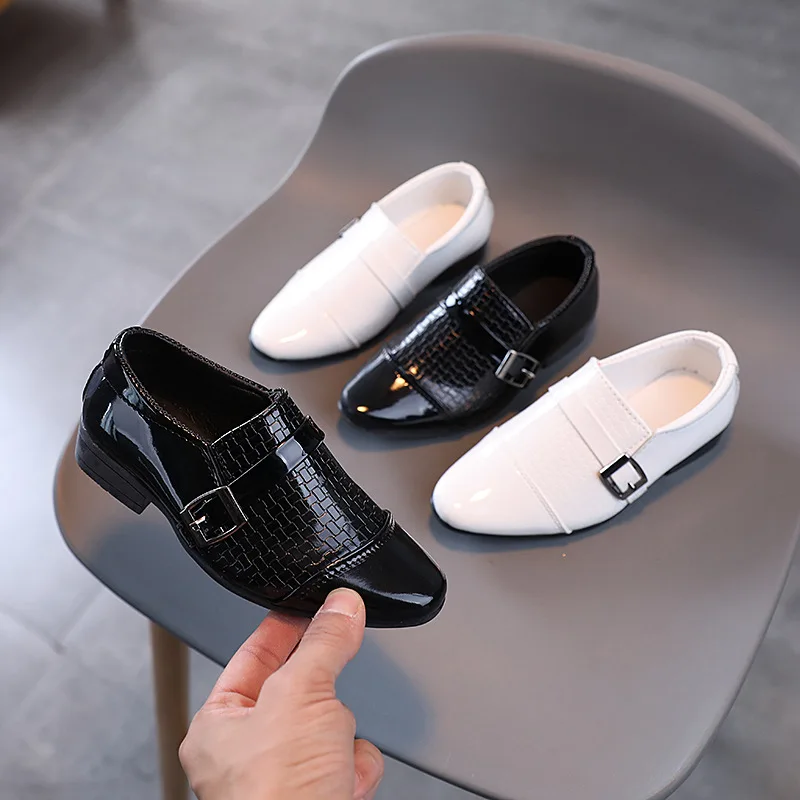 Boys Leather Shoes 2022 Spring Autumn Kids Performance Mary Janes Shoes for Party Wedding Shows Solid Black Slip-on Shoes