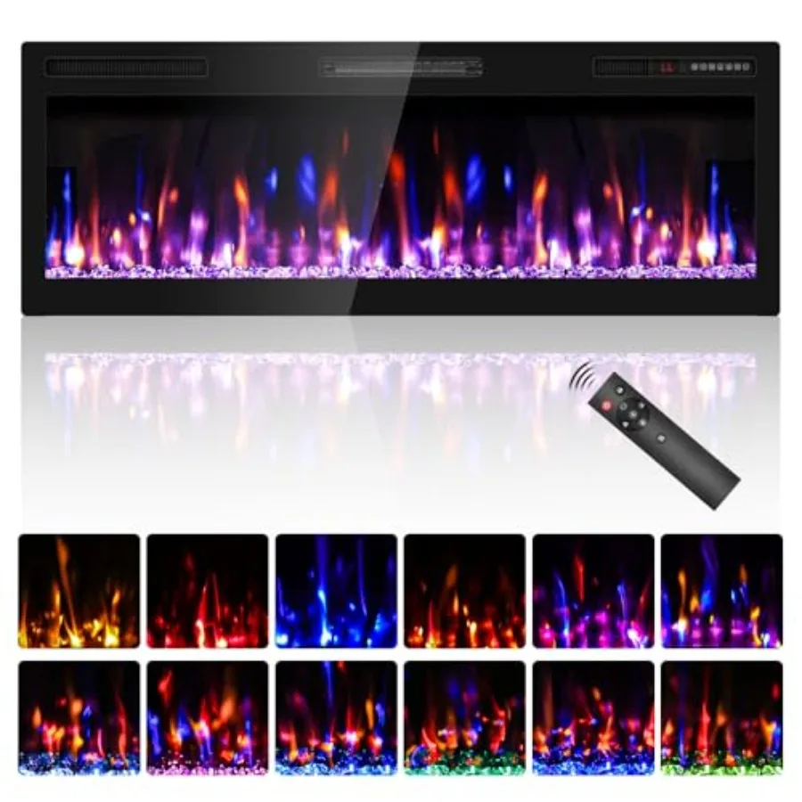 

50 Inch Electric Fireplace Recessed and Wall Mounted Ultra Slim Linear Fireplace Heater with Crystal Design HD Realistic Flame