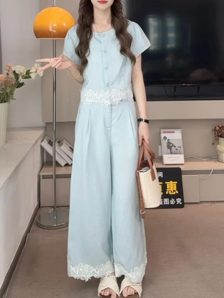

2025 summer new small fragrant style wood ear edge splicing temperament top slimming wide leg pants casual two-piece set