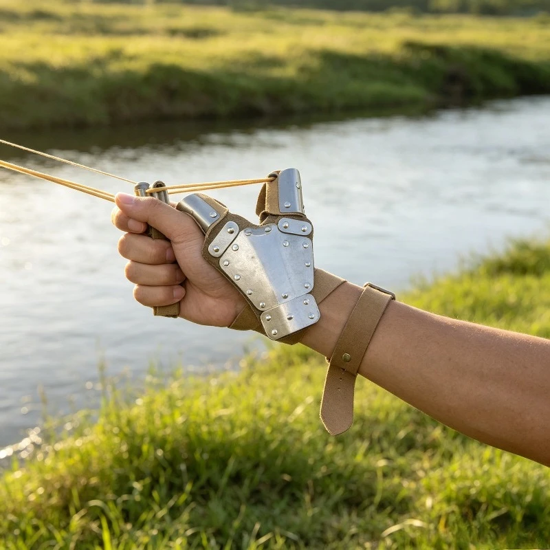 Heavy Duty Steel Plate Cowhide Fish Shooting Hand Guard Anti-Stab Anti-Scratch Gauntlet for Slingshot Spearfishing Outdoor