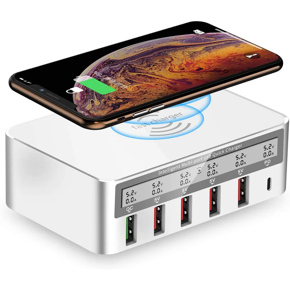 

Быстрое зарядное устройство USB, 3,0 Вт-6 портов, быстрая зарядная станция USB QC и зарядное устройство PD, максимальная Беспроводная зарядка 10 Вт для IPhone Xs