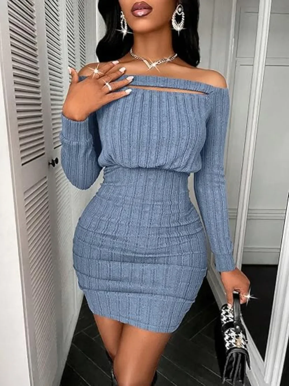 Autumn Sexy Dresses Women Fashion Long Sleeve Off Shoulder Rib Knit Dress Bodycon Mini Dress Women