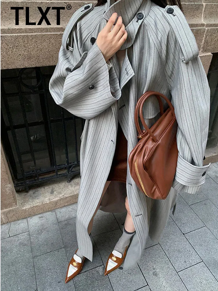 

TLXT Fashion Women's Elegant Striped Design Oversized Turn-Down Collar Double-Breasted Lace-Up Trench Coat 2025 Winter New