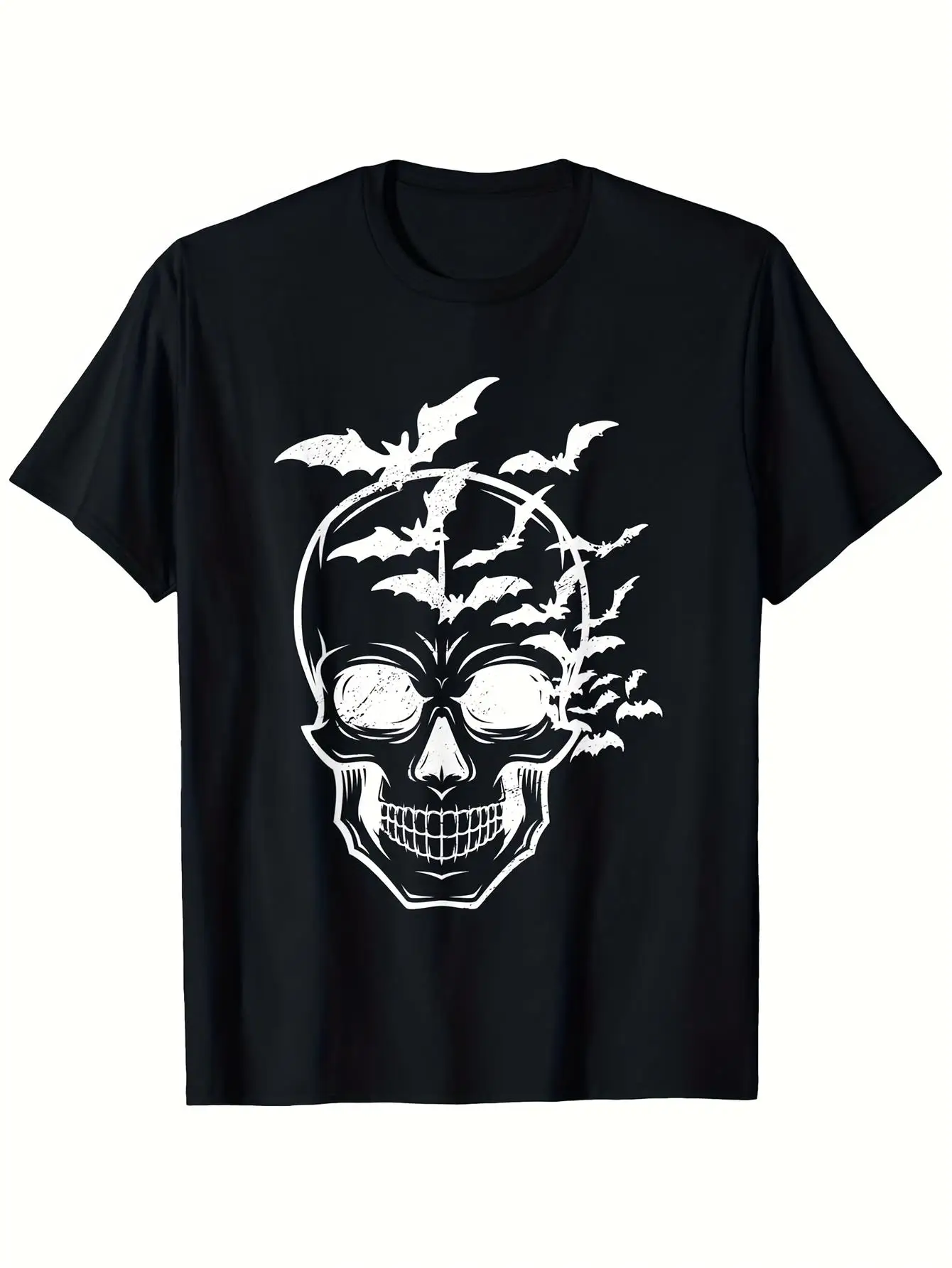 تي شيرت رجالي مطبوع عليه جمجمة الخفافيش القوطية - تي شيرت برسومات الهالوين باللون الأسود والأبيض، قماش ناعم مريح بدون بيلينغ ومقاوم للبهتان #1