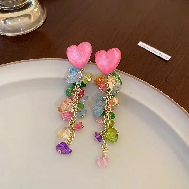 Multicolor Crystal Earrings For Women Exquisite Flower Long Tassel Earrings Heart Drop Earrings Girls Temperament Jewelry