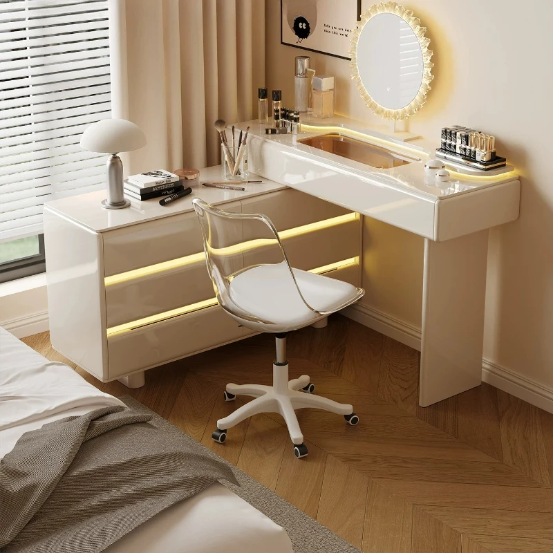 White Seat Cabinet Mirror Dressing Table Led Light Drawers Vintage Luxury Vintage Makeup Vanity Wooden Storage Room Furniture