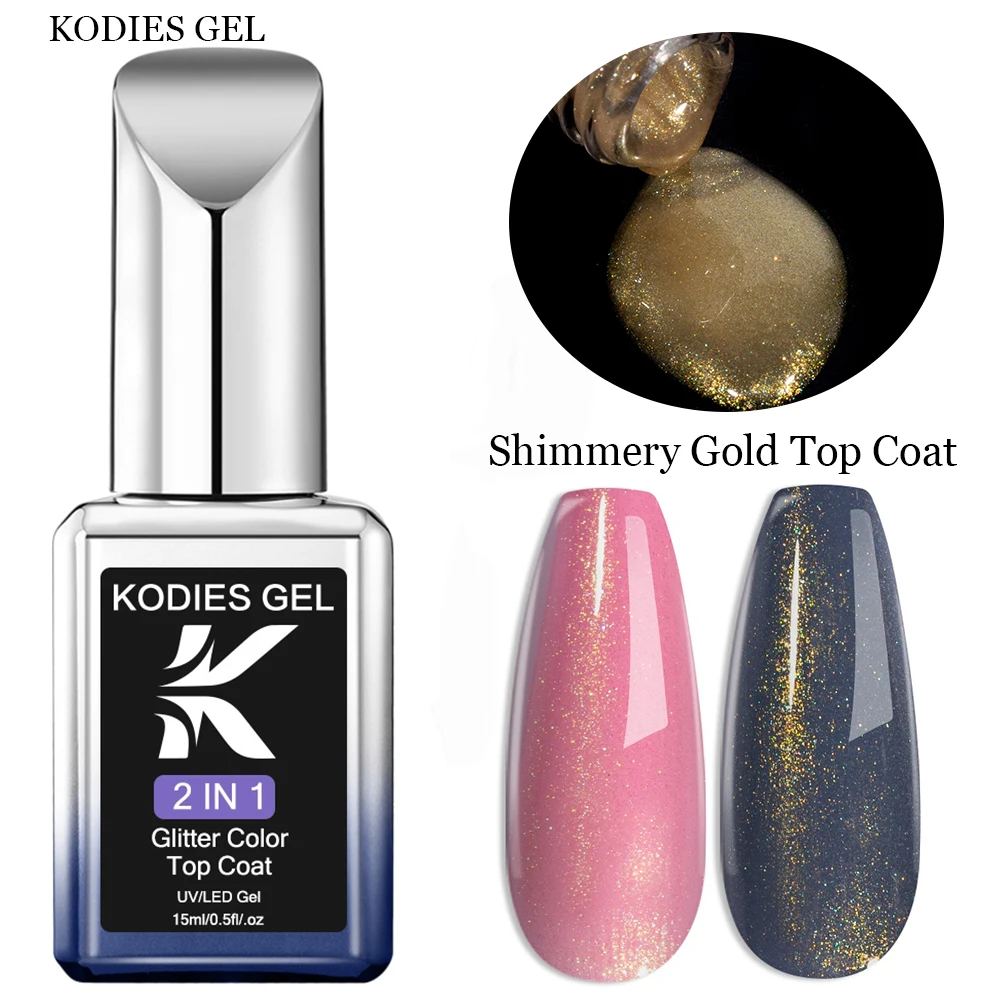 KODIES GEL Sparkle Top Coat Gel Nail Polish 2 IN 1 Shimmery Gold Gel Finish Sealer No Sticky Semi Permanent UV Manicure Nail Art