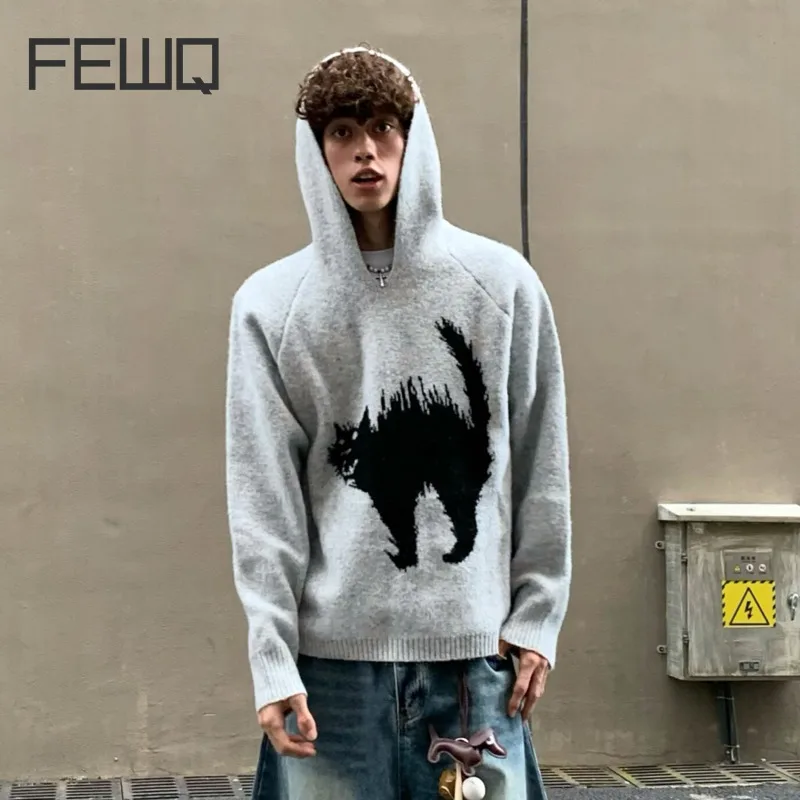 FEWQ Male Hooded Sweatshirt Cat Pattern Design Long Sleeve Jacket Casual Trend Men's Knitted Top 2024 Autumn New 24E2617