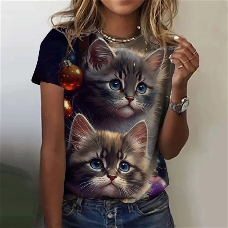 Fashion Women\'s T-shirt 3D Printed Kawaii Cat Pattern Short Sleeved Round neck Top Summer Outdoor Casual Street Simple Clothing