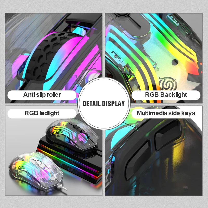 ماوس ألعاب سلكي شفاف من K-snake Q16 بتأثير إضاءة RGB للكمبيوتر المحمول وسطح المكتب والألعاب والمكتب كتم الصوت ماكرو قابل للبرمجة #5