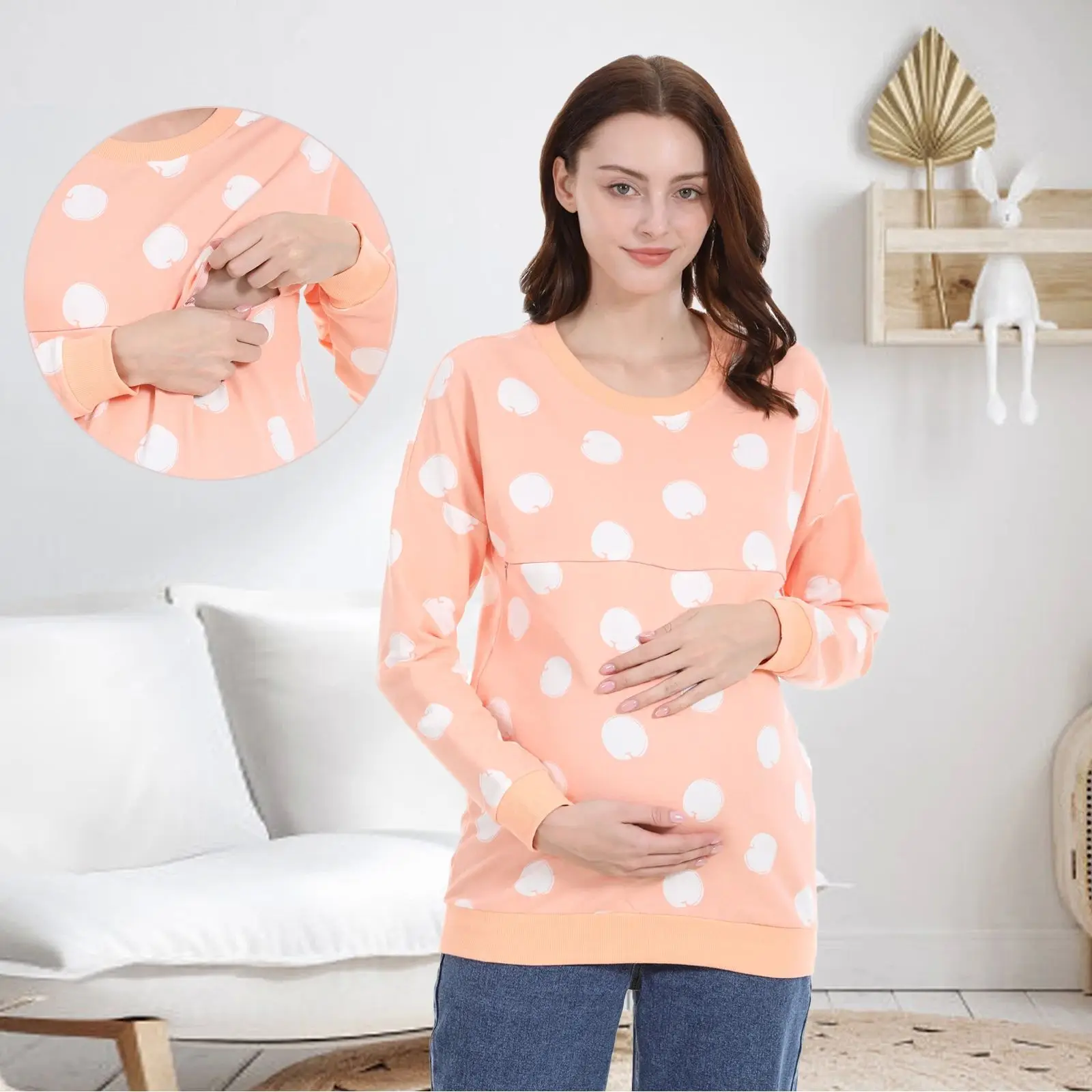 임산부 수유 스웨트셔츠 크루넥 여성 의류 편안한 부드러운 소재 가을 시즌 패셔너블 임산부복