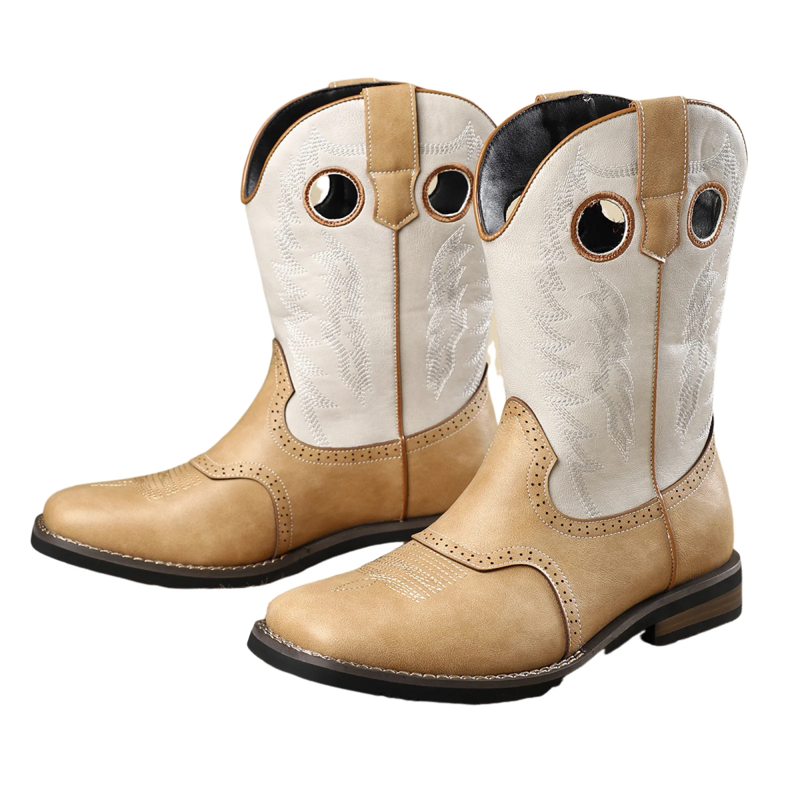 

Men Western Cowboy Boots Round Toe Embroidered Calf Boots Retro Casual Riding Boots Thick Heel Multi-Colored