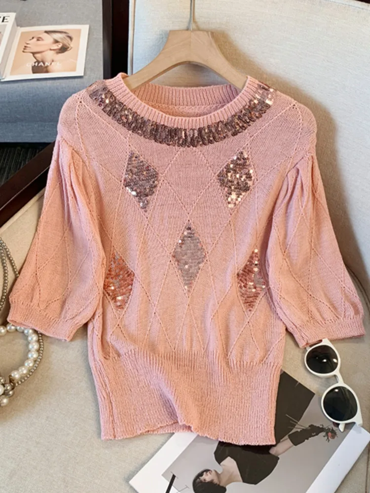 Fashion Women Sequin Knitted Sweater Elegant Lady O Neck Short Sleeved Pullover Tops 2024 Chic Female Commute Street Outfits