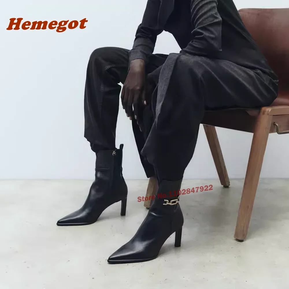 

Metal Decor Leather High Heels Ankle Boots Black Chain Slip On Solid Women's Boots Winter Stiletto Heels Short Booties Luxury