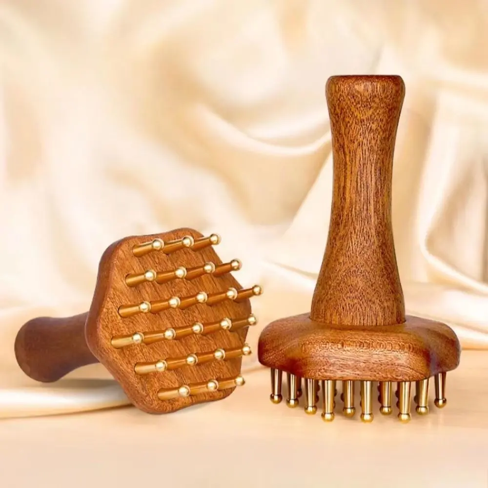 

Portable Wood Massage Brush Wooden Handle 24 Teeth Meridian Massager Comfortable Copper Head Brass Gua Sha Massage Tool