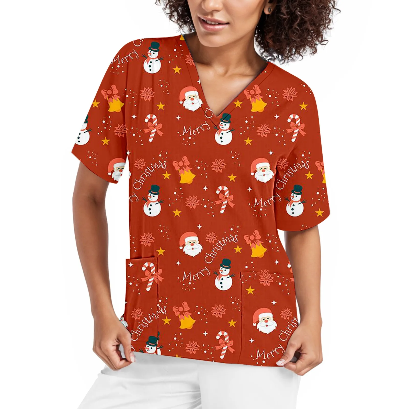 Uniforme de enfermera con estampado navideño para mujer, ropa de trabajo de manga corta con cuello en V, con bolsillo, monos médicos