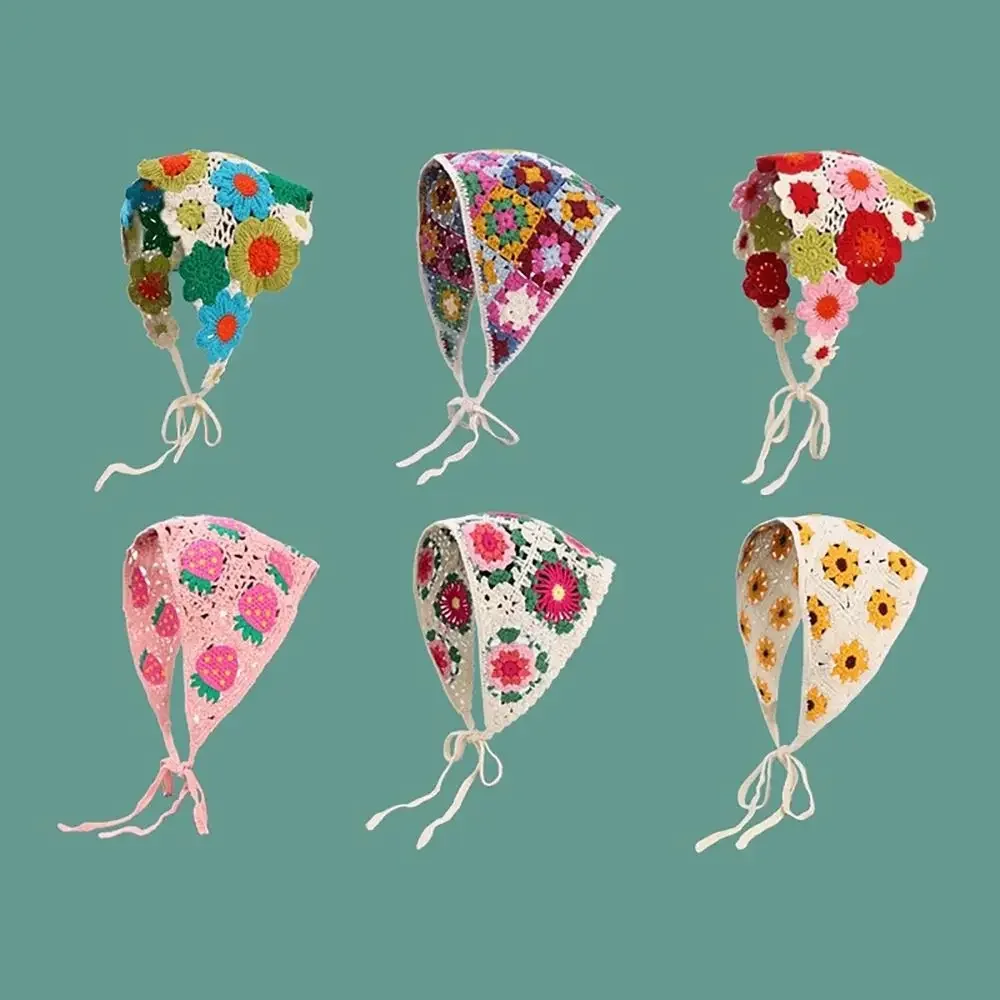 

Вязаная треугольная повязка на голову в французском пасторальном стиле, повязка с маленькими цветочками, шарф-платок ручной работы, вязаный крючком головной убор для весны и лета