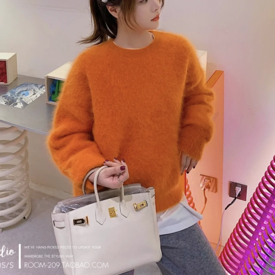 Korean Fashion Autumn Winter Orange Imitation Mink Loose Sweater For Women O Neck Long Sleeve Soft Mohair Knitted Pullover Tops