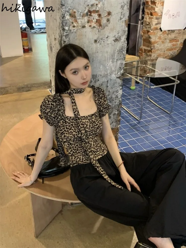 Sexy Leopard Crop Tops Blouses for Women Square Collar Puff Sleeve Tunic Shirts Fashion Summer Blouse 2024 Blusas Mujer De Moda