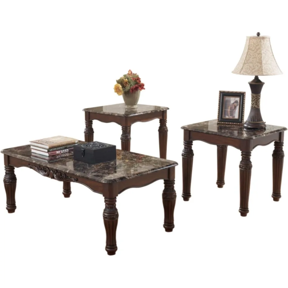 North Shore Traditional Faux Marble 3-Piece Table Set, Includes Coffee Table and 2 End Tables, Dark Brown