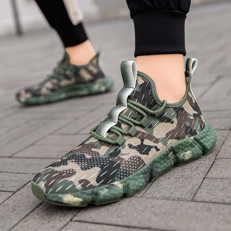 Army Green Camouflage Casual Shoes Women Men Sneakers Outdoor Low Top Sock Shoes Mesh Thick Soled Cushioning Size 36-46