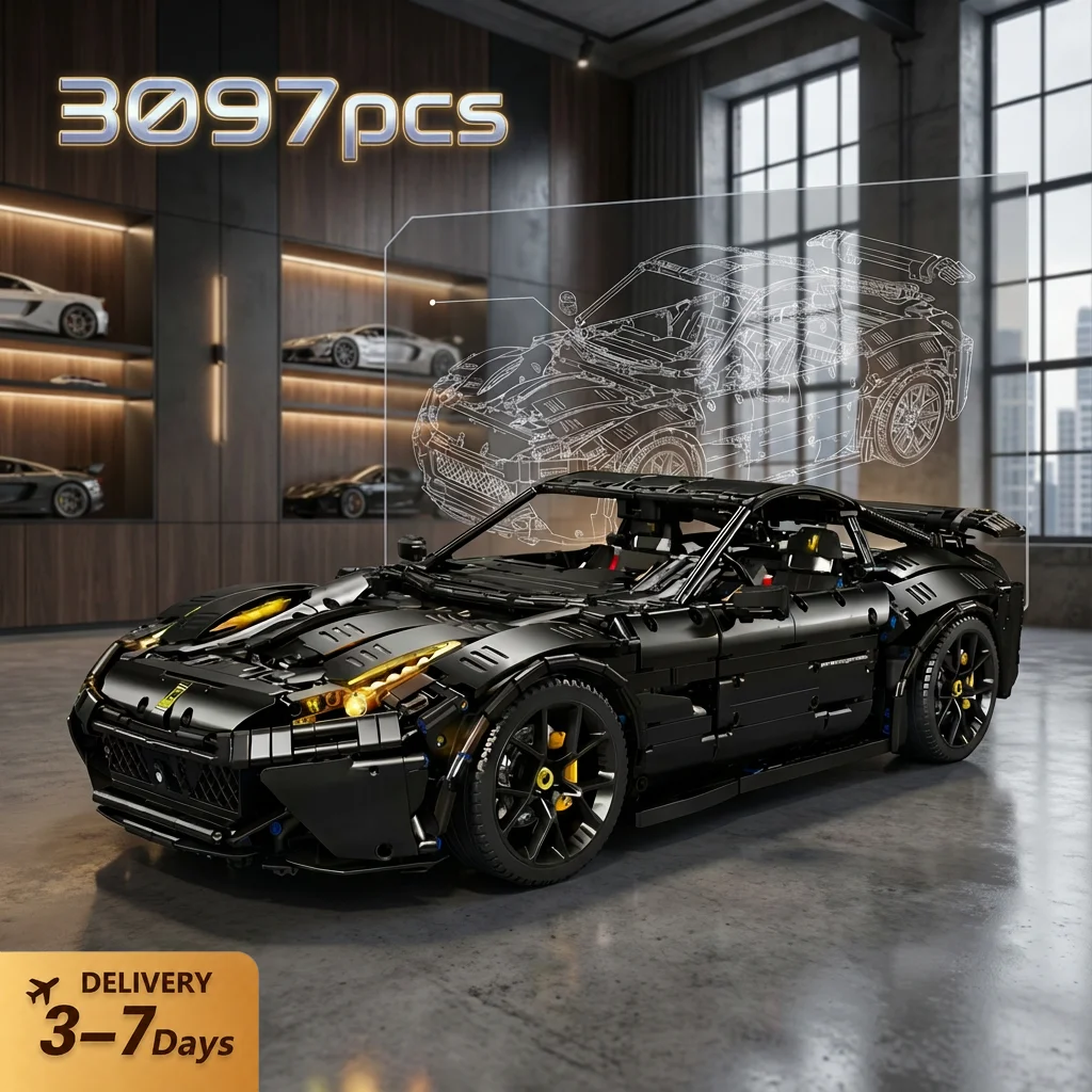 Klemmbausteine Auto Luxusauto Bausteine Technik Speed Schwarzer Supersportwagen Montagemodell Ziegelsteine Heimdekoration Kreatives Spielzeug Geschenke für Erwachsene und Kinder 3097 Teile