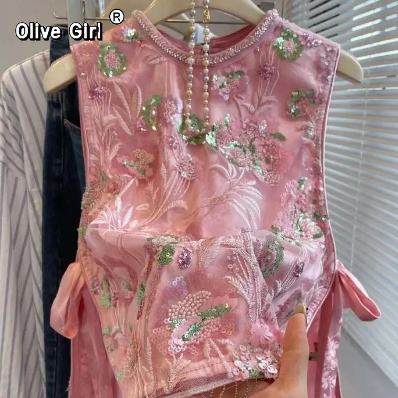 الزيتون فتاة الوردي الصينية التطريز سترة دون أكمام الدانتيل يصل الزهور سترة س الرقبة الترتر سترة معطف المرأة الجديدة تانك القمم الصيف #4