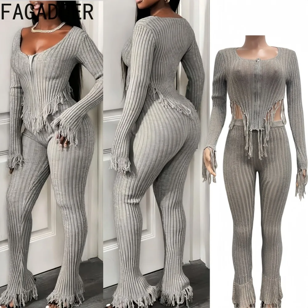 FAGADOER Y2k Sexy Knit Tassel Patchwork Woman 2 Piece Set Outfit Solid Color Long Sleeve Top + Pants Matching Female Streetwear
