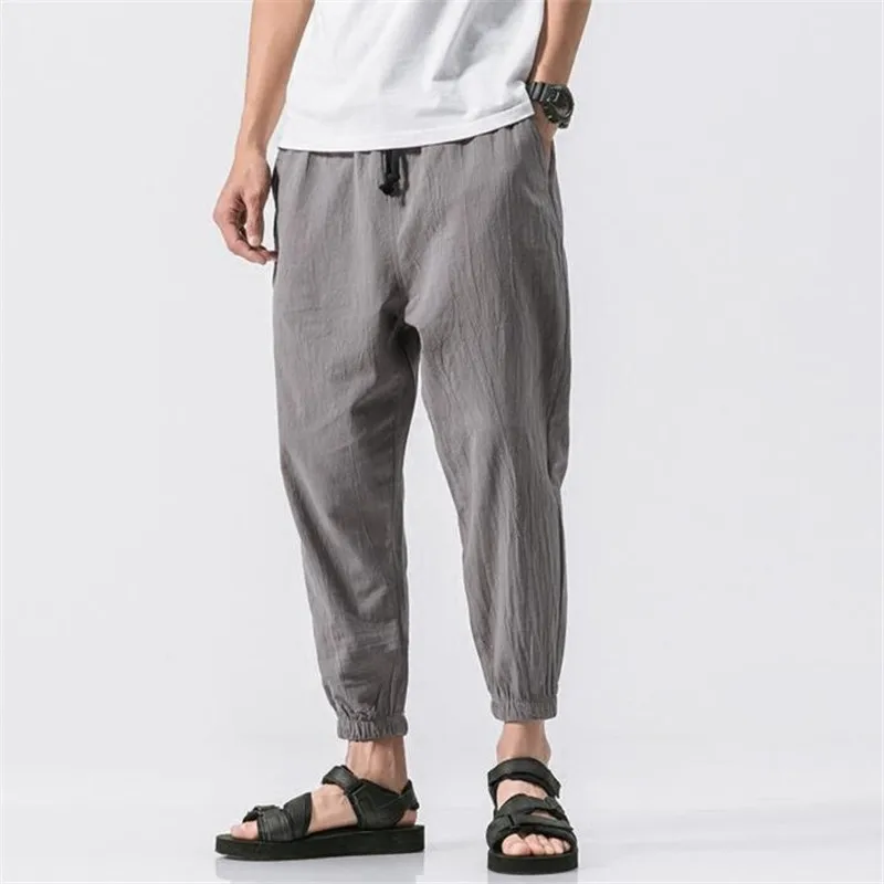 Celana Panjang Pria Ukuran Besar M-7XL Musim Semi Panas 2025, Celana Harem Longgar Model Beam Foot Katun Linen, Celana Olahraga Kasual Modis