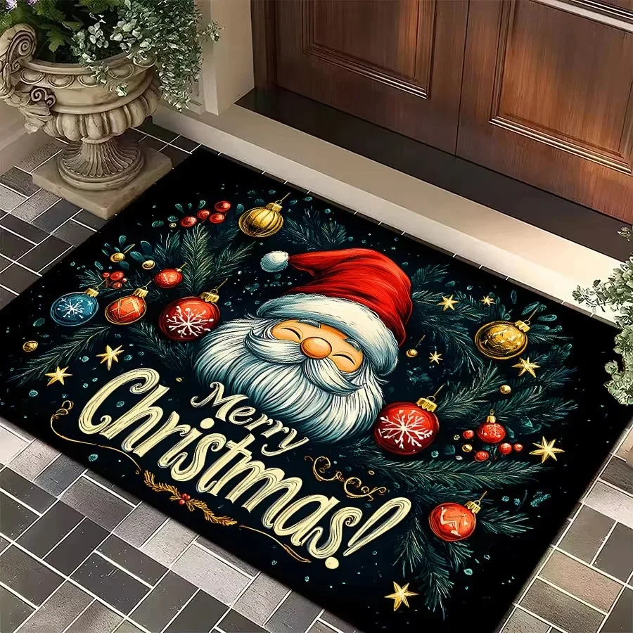 Christmas Doormat Santa Claus Bauble Pine Branch Star Print Floor Mat Merry Christmas Home Entrance Decor Rug