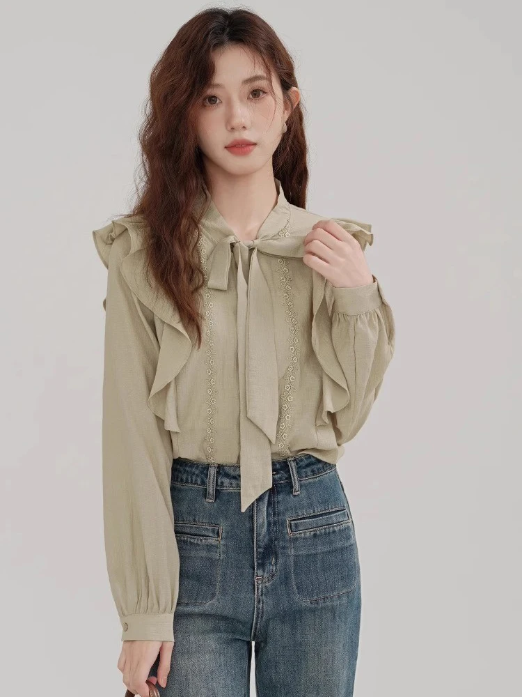 Retro Ruffles Women Shirt Autumn French Elegant Bow Button Long Sleeve Blouse Sweet Vintage Lace Up Gentle Temperament New Tops