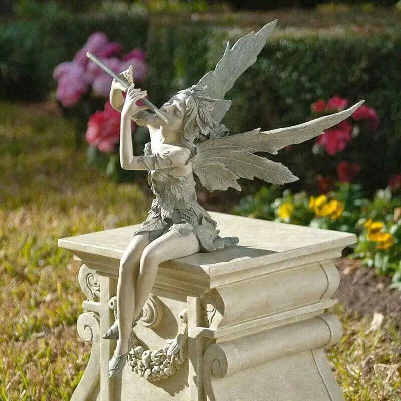 

Flute Fairy Sitting Garden Statue Outdoor Home Courtyard Cute Elf Resin Sculpture Ornaments Handicrafts Home Decor